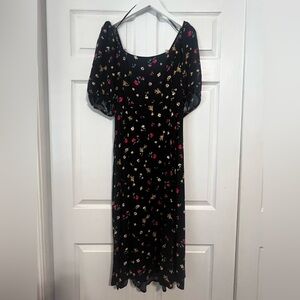 Old Navy Black Midi Dress with Red and Yellow Floral Design NWOT
